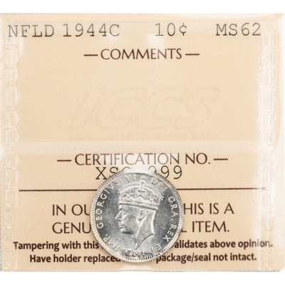 Newfoundland 1944-c 10 Cents Silver Coin - ICCS MS-62