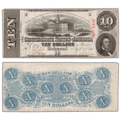 SOLD United States 1863 Confederate States of America $10 Ten Dollars Note - VF+