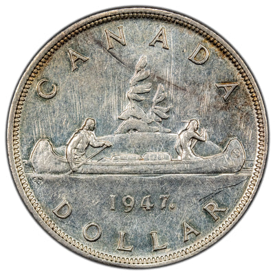 SOLD Canada 1947 Maple Leaf Double HP $1 Silve Dollar Coin - EF (reverse scratch)