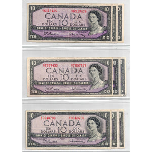 SOLD Lot of 9 $10 1954 Bank of Canada Notes - All Circulated Grades