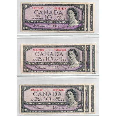 SOLD Lot of 9 $10 1954 Bank of Canada Notes - All Circulated Grades