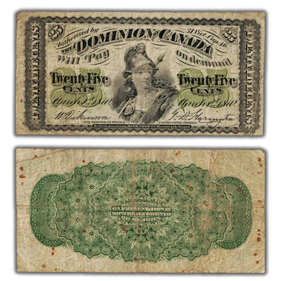 25 Cents 1870 Dominion of Canada Shinplaster Note Plain DC-1c - Fine (rust spots)