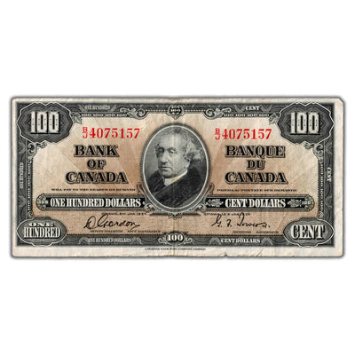 SOLD $100 1937 Bank of Canada Note Gordon-Towers B/J Prefix BC-27b - Writing