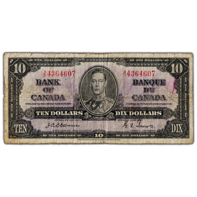 SOLD $10 1937 Bank of Canada Note Osborne Signature BC-24a - Light Writing