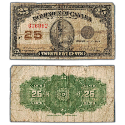 25 Cents 1923 Dominion of Canada Shinplaster Note DC-24d - Small Pinholes