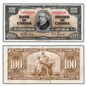SOLD $100 1937 Bank of Canada Note Gordon-Towers B/J Prefix BC-27b - VF+ (small tear)