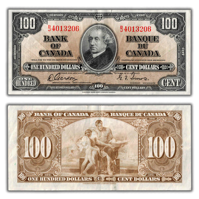 SOLD $100 1937 Bank of Canada Note Gordon-Towers B/J Prefix BC-27b - VF+ (small tear)