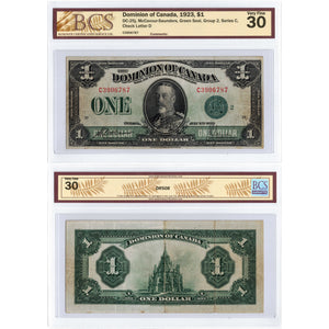 $1 1923 Dominion of Canada Note Green Seal Series C DC-25j - BCS VF-30