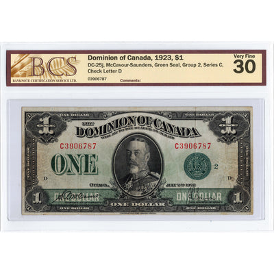 $1 1923 Dominion of Canada Note Green Seal Series C DC-25j - BCS VF-30
