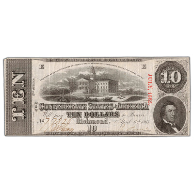 SOLD United States 1863 Confederate States of America $10 Ten Dollars Note - VF+