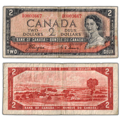 $2 1954 Bank of Canada Note Devil Face D/B Prefix BC-30a - Lower Serial #3667