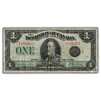 SOLD $1 1923 Dominion of Canada Note Black Seal Series F DC-25o - Minor Edge Tears