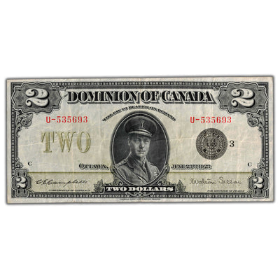 SOLD $2 1923 Dominion of Canada Note Black Seal Series U DC-26j - VF