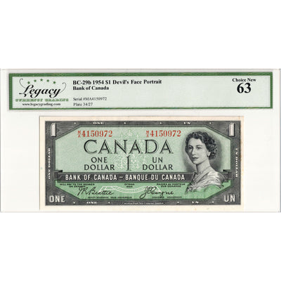 SOLD $1 1954 Bank of Canada Note Devil Face M/A Prefix BC-29b - Legacy UNC-63