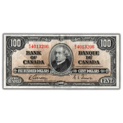 SOLD $100 1937 Bank of Canada Note Gordon-Towers B/J Prefix BC-27b - VF+ (small tear)