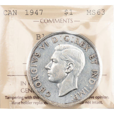 Canada 1947 Blunt 7 $1 Silver Dollar Coin - ICCS MS-63