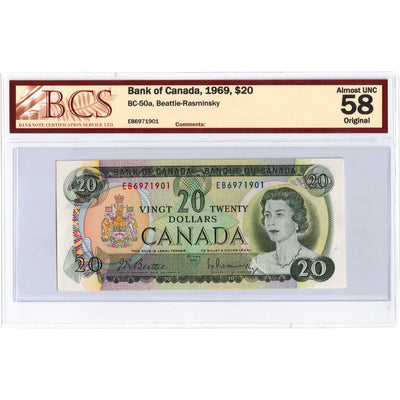 $20 1969 Bank of Canada Note Beattie-Rasminsky EB Prefix BC-50a - BCS AU-58