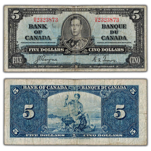 SOLD $5 1937 Bank of Canada Note Coyne-Towers H/S Final Prefix BC-23c