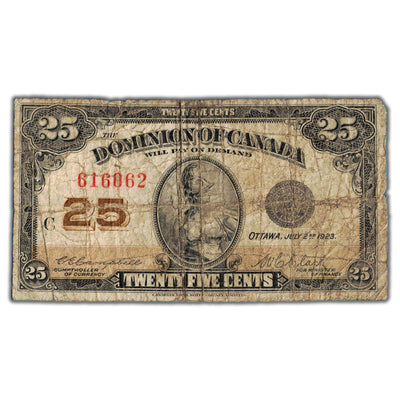 25 Cents 1923 Dominion of Canada Shinplaster Note DC-24d - Small Pinholes