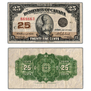SOLD 25 Cents 1923 Dominion of Canada Note Shinplaster DC-24d - F/VF (staple hole)