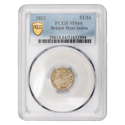 British West Indies 1822 1/16 Dollar Silver Coin KM #1 - PCGS MS-64