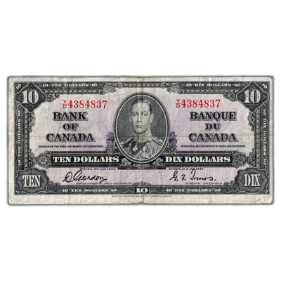 $10 1937 Bank of Canada Note Gordon-Towers Y/D Prefix BC-24b - Circulated