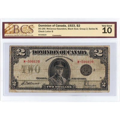 SOLD $2 1923 Dominion of Canada Note Black Seal Series M DC-26f - BCS VG-10