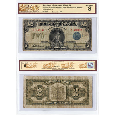 SOLD $2 1923 Dominion of Canada Note Blue Seal Series R DC-26h - BCS VG-8