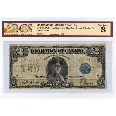 SOLD $2 1923 Dominion of Canada Note Blue Seal Series R DC-26h - BCS VG-8
