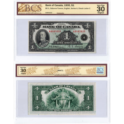 SOLD $1 1935 Bank of Canada Note English Text Letter 'A' BC-1 - BCS VF-30