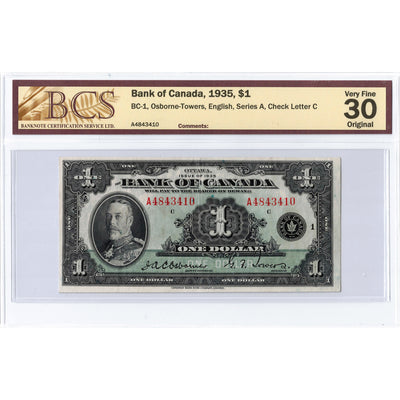 SOLD $1 1935 Bank of Canada Note English Text Letter 'A' BC-1 - BCS VF-30