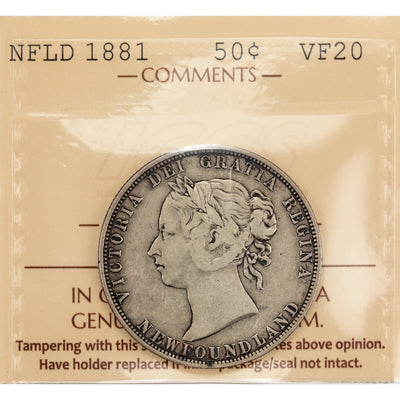 Newfoundland 1881 50 Cents Half Dollar Silver Coin - ICCS VF-20