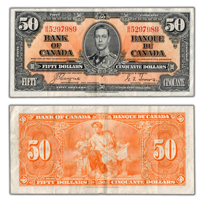 SOLD $50 1937 Bank of Canada Note Coyne-Towers B/H Prefix BC-26c - Nice VF