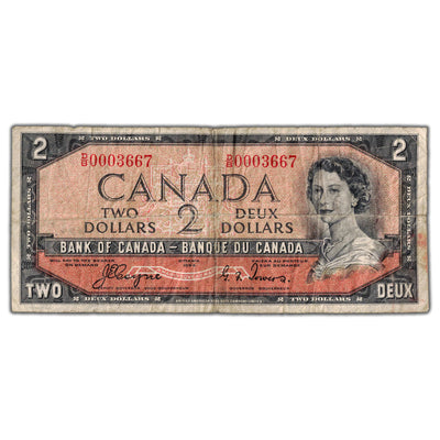 $2 1954 Bank of Canada Note Devil Face D/B Prefix BC-30a - Lower Serial #3667