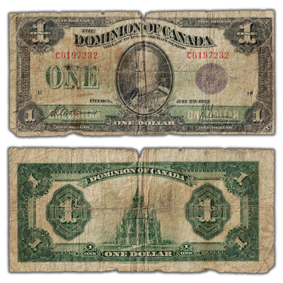 SOLD $1 1923 Dominion of Canada Note Purple Seal DC-25k - Filler/Missing Piece/Hole