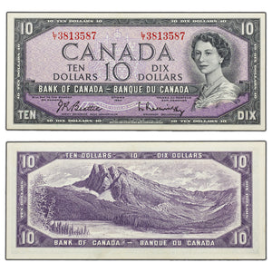 SOLD $10 1954 Bank of Canada Note Beattie-Rasminsky L/T Prefix BC-40b - AU