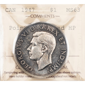 SOLD Canada 1947 Pointed 7 4xHP $1 Silver Dollar Coin - ICCS MS-63