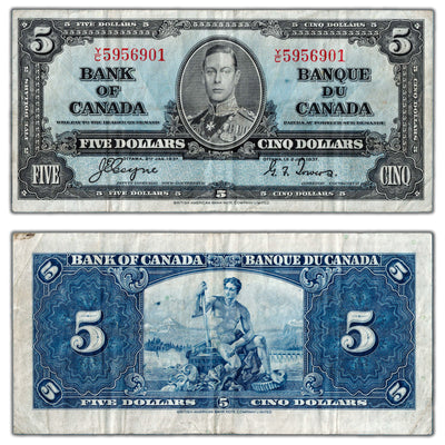 $5 1937 Bank of Canada Note Coyne-Towers Y/C Prefix BC-23c - VF