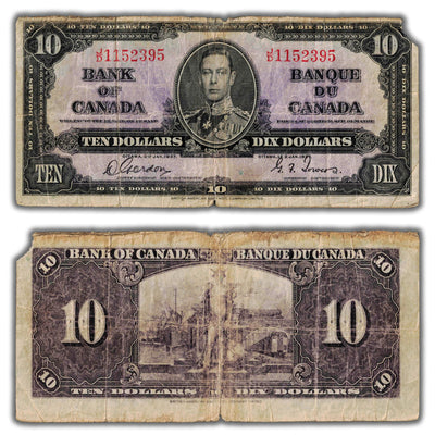 $10 1937 Bank of Canada Note Gordon-Towers J/D Prefix BC-24b - Missing Corner