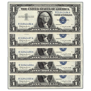 SOLD United States 1957-B $1 Silver Certificate Notes - 5 Consecutive AU