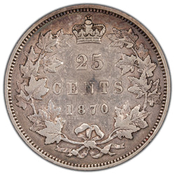 Canada 1870 Obverse #1 25 Cents Quarter Silver Coin - Fine +