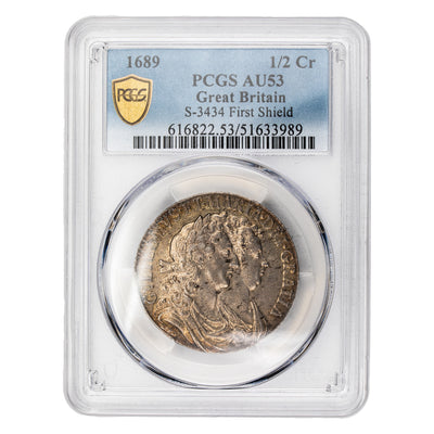 SOLD Great Britain 1689 First Shield Half Crown Silver Coin S-3434 - PCGS AU-53
