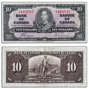 SOLD $10 1937 Bank of Canada Note Coyne-Towers E/T Prefix BC-24c - Small Edge Tear