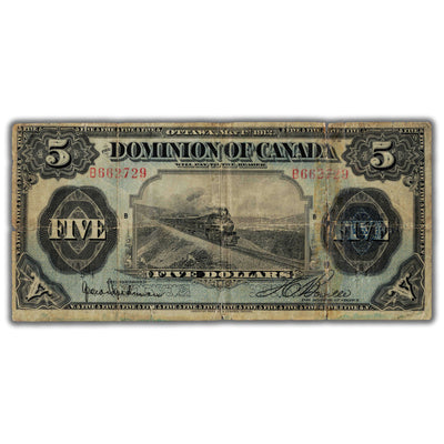 SOLD $5 1912 Dominion of Canada Note Hyndman-Boville DC-21d - Tape Repaired/Torn