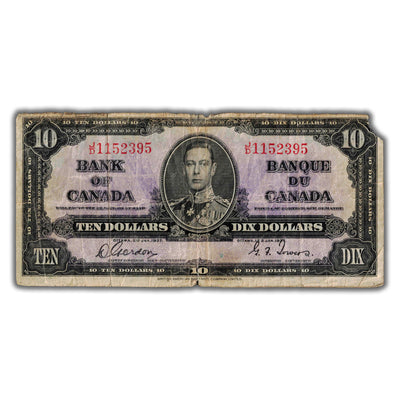 $10 1937 Bank of Canada Note Gordon-Towers J/D Prefix BC-24b - Missing Corner