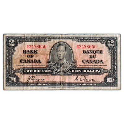 $2 1937 Bank of Canada Note Coyne-Towers H/R Prefix BC-22c - Staple Hole/Soiling