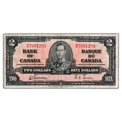 $2 1937 Bank of Canada Note Gordon-Towers W/B Prefix BC-22b - VF
