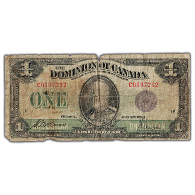 SOLD $1 1923 Dominion of Canada Note Purple Seal DC-25k - Filler/Missing Piece/Hole