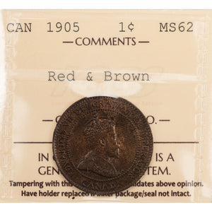 SOLD Canada 1905 1 Large Cent Coin - ICCS MS-62 Red & Brown