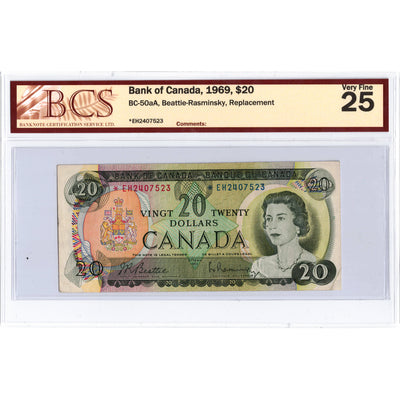 SOLD $20 1969 Bank of Canada Note *EH Replacement Prefix BC-50aA - BCS VF-25